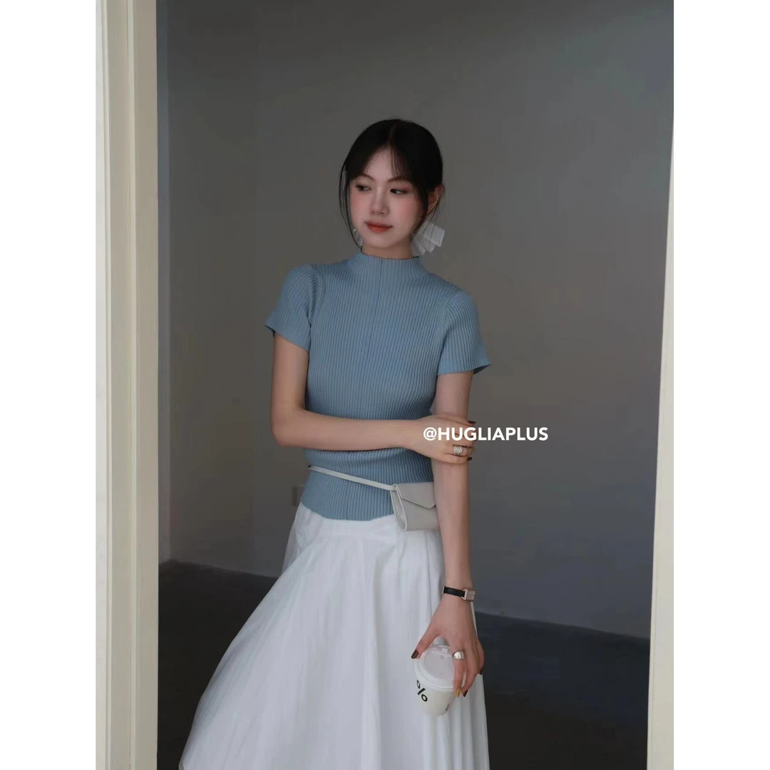 66011#半高领简约纯色短袖显瘦针织内搭上衣