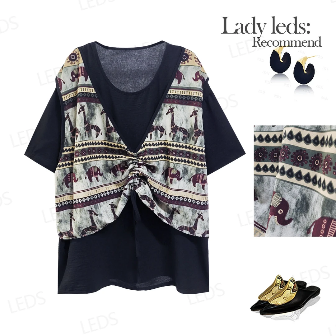 LEDS 86861夏季显瘦拼接轻奢百搭蕾丝蝴蝶结拼接宽松T恤