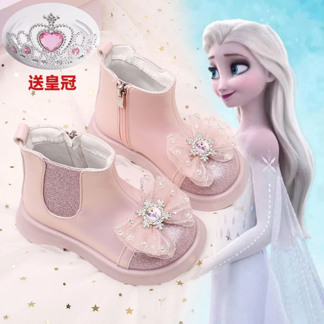 ABC女童靴子加绒软底时尚公主皮靴2025潮款儿童加绒鞋儿童鞋子