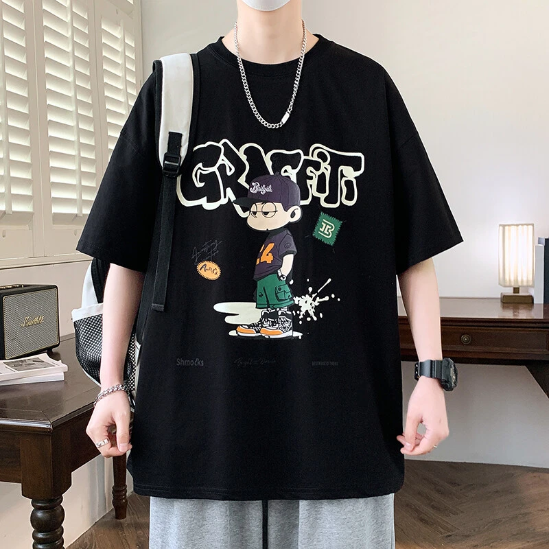 新款夏季男生短袖T恤青少年休闲印花宽松学生潮流帅气打底衫半袖