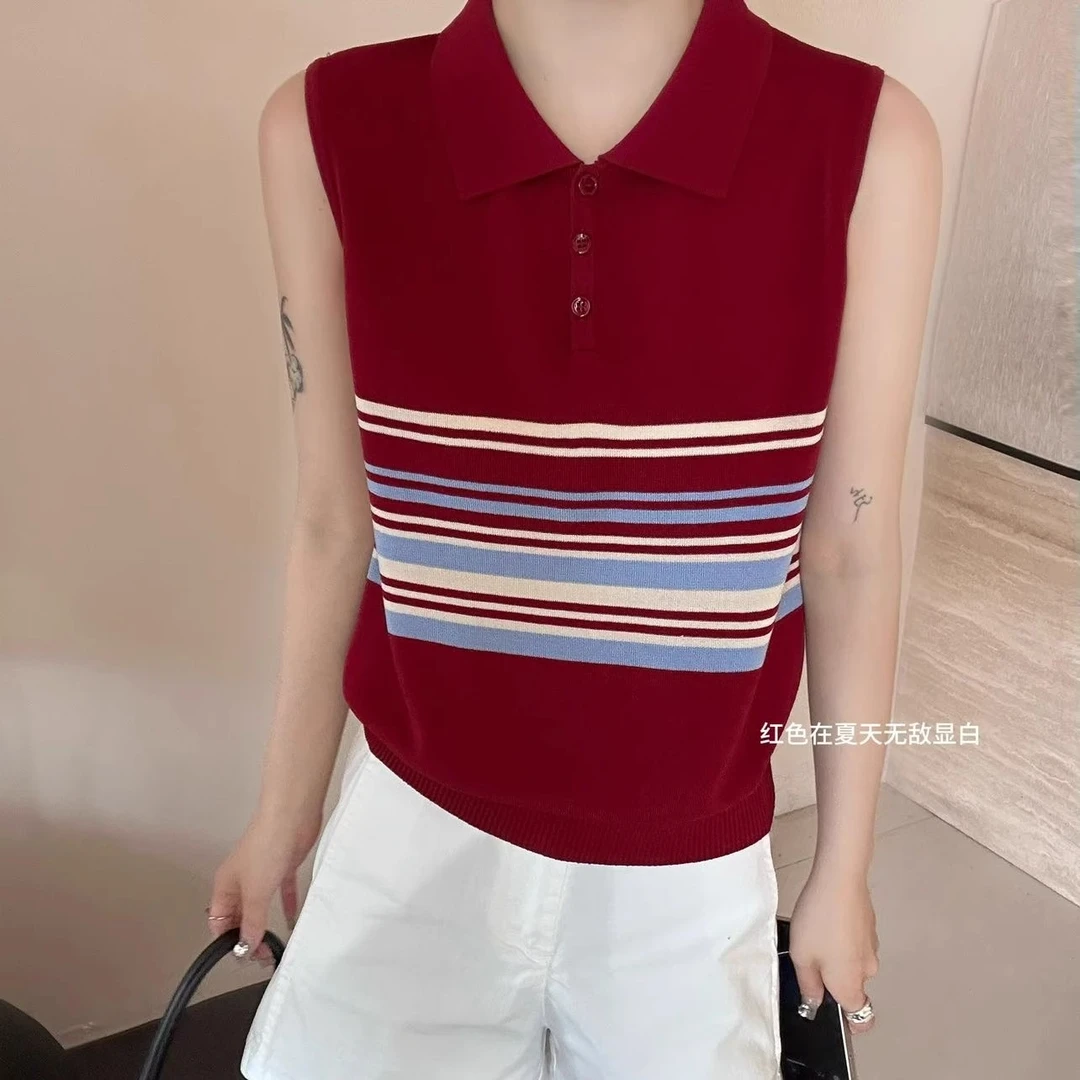 夏季新款法式ins风针织衫背心设计感小众撞色条纹无袖Polo领上衣