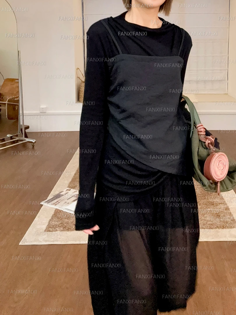 2025小众设计感时尚假两件拼接百搭堆堆领收褶黑色长袖上衣女S196