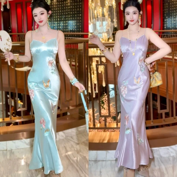 【媛珠 春宴华服】重工醋酸刺绣吊带裙连衣裙加胸针收腰显瘦