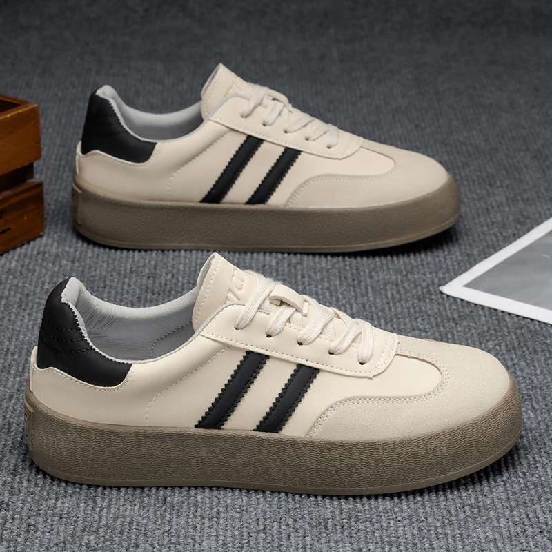 男鞋秋季新款厚底防滑低帮运动板鞋青少年小众潮流皮面休闲德训鞋