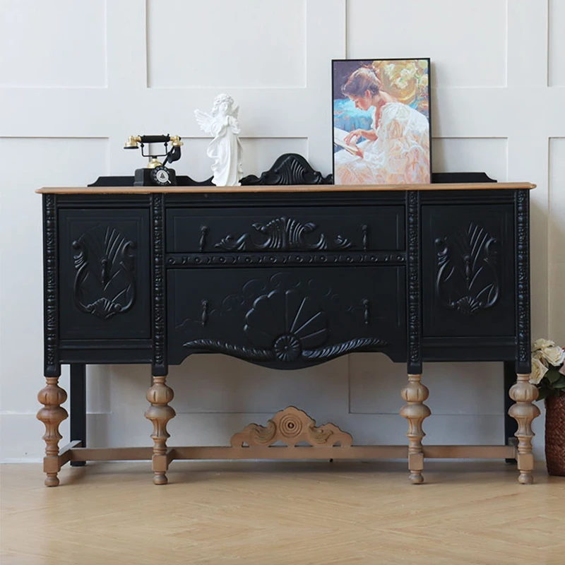 140*45*95储物柜玄关桌客厅入户门厅柜中古风法式黑色轻奢复古