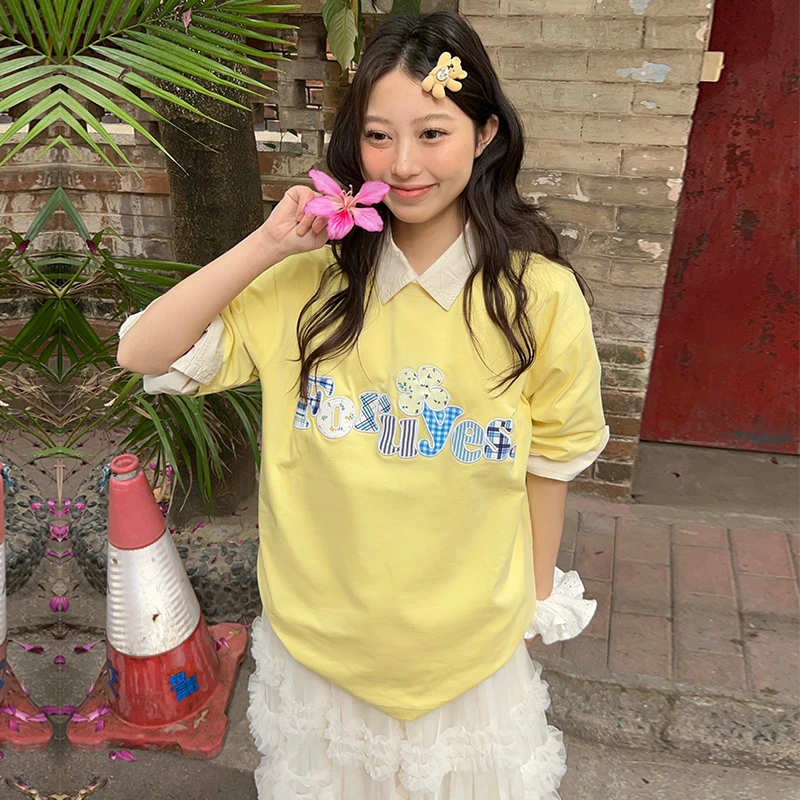 FORUYES官方店 夏季新款格纹碎花贴布绣潮牌情侣男女宽松T恤短袖