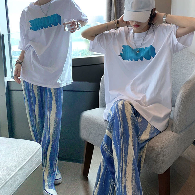 斤大码休闲套装女夏季女装新款扎染褶皱阔腿裤宽松两件套