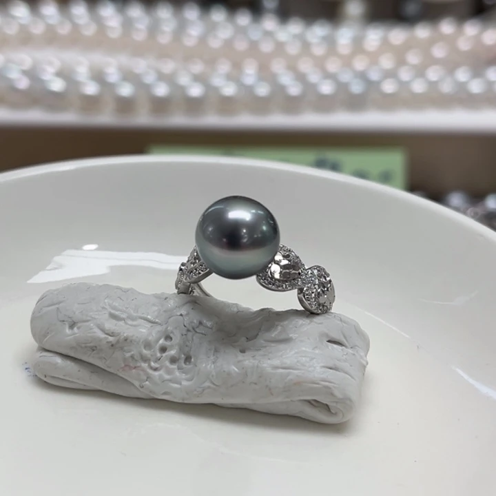 银S925镶嵌戒指海水珍珠大溪地铂金灰10-11m 34号
