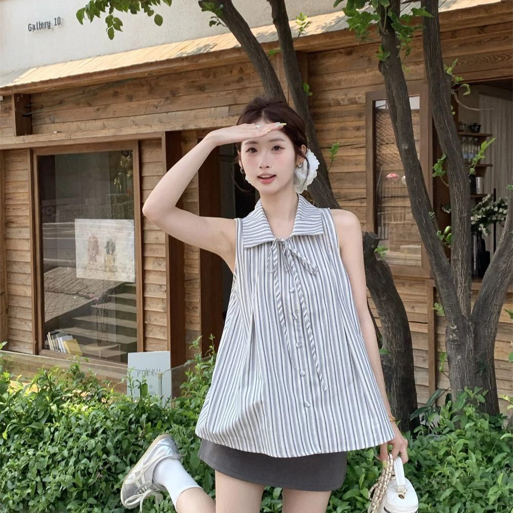 设计法式高级条纹蝴蝶结衬衫2025夏季新款无袖上衣显瘦背心女