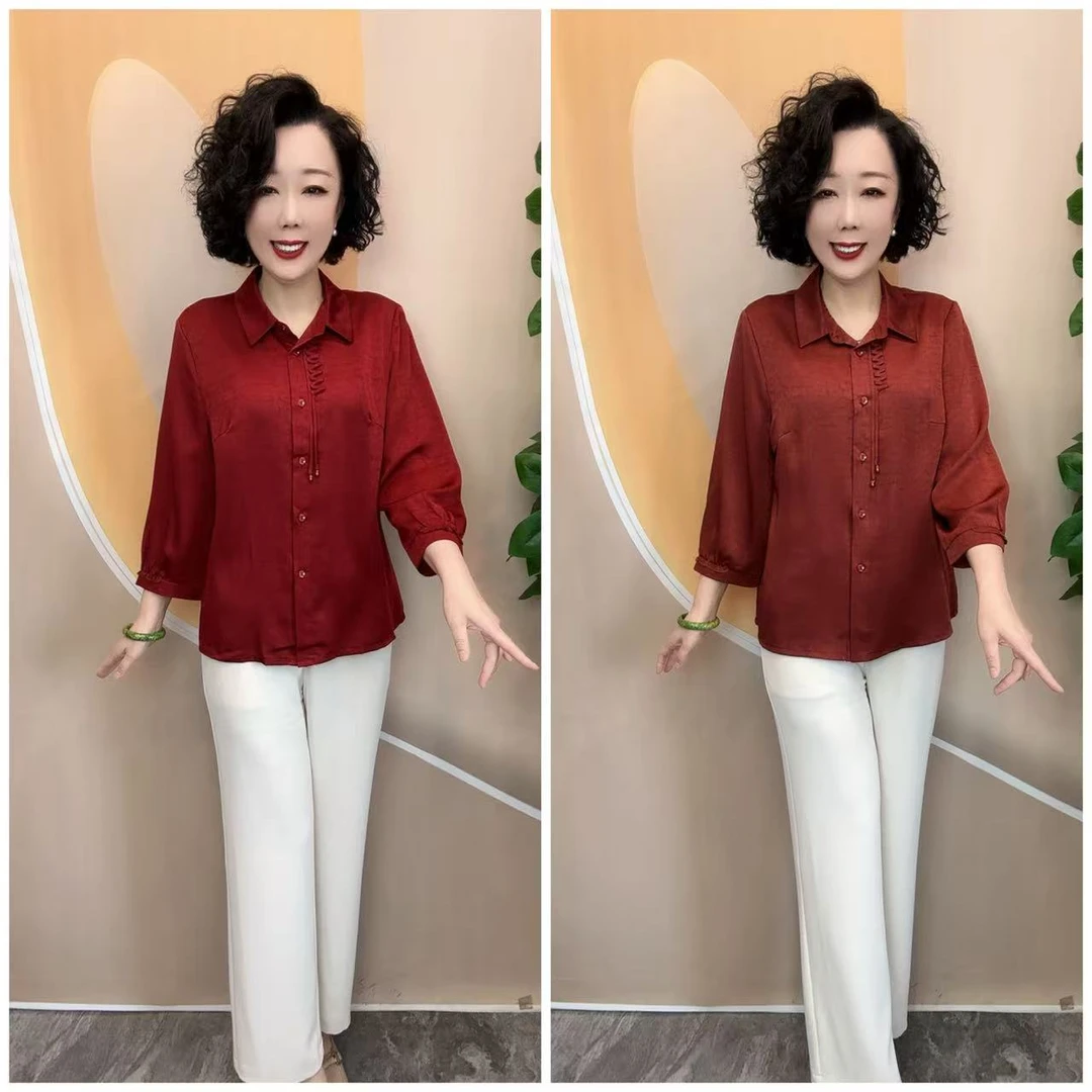 032夏薄款纯色中老年妈妈时尚百搭大方开衫衬衫上衣，衣长64