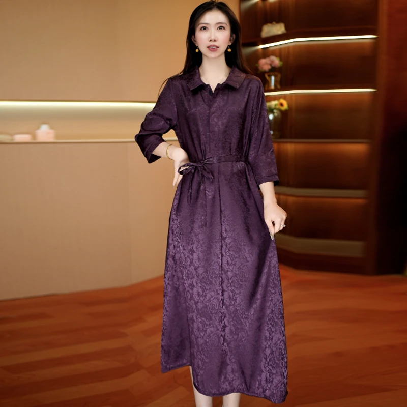 紫缎凝花 气质中长款时连衣裙百搭遮肉裙子