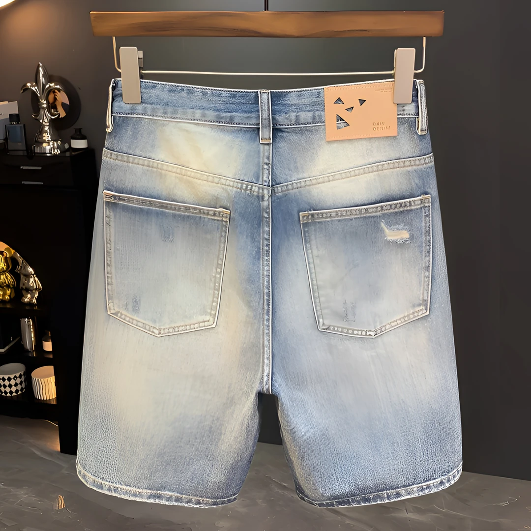 GS复古做旧猫须水洗破洞牛仔短裤男士工装夏季宽松哈伦裤子五分裤