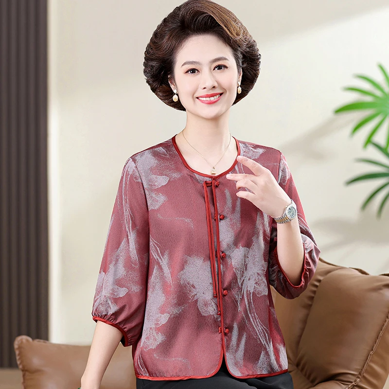 妈妈春夏装重磅真丝衬衫女洋气中老年大码杭州桑蚕丝中袖T恤上衣
