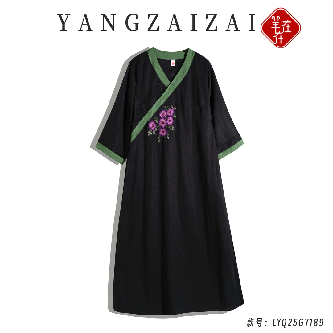 羊在在【炽艳霞色】民族风纯亚麻中式V领绣花旗袍连衣裙LYQ25GY189