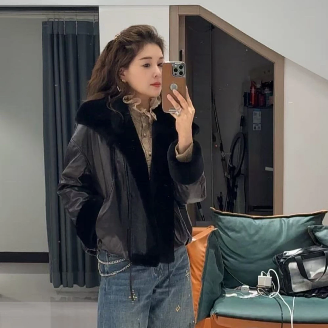 时尚轻奢皮毛一体毛领加鹅绒绵羊皮衣外套#4075