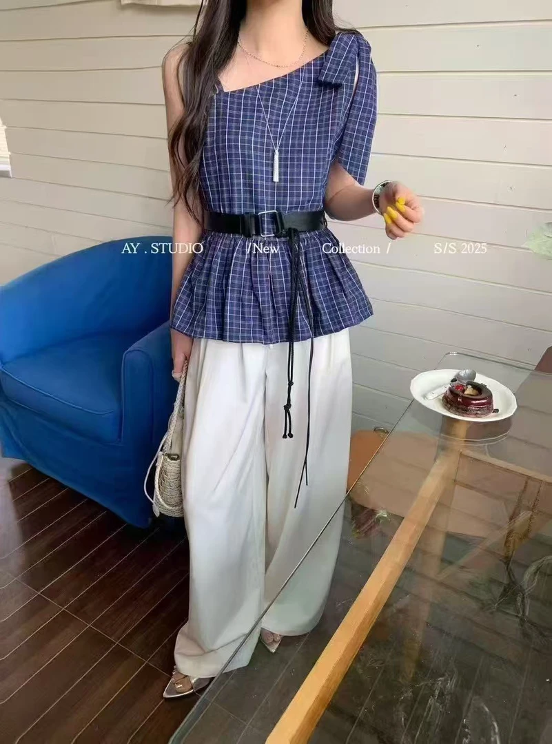 时尚格纹斜肩蝴蝶结收腰花苞下摆格子背心吊带夏季通勤上衣