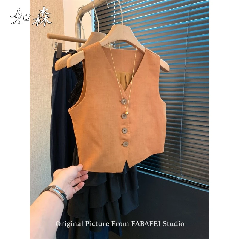 老钱风亚麻v领无袖西装马甲女夏款复古高级感背心别致挖肩小上衣