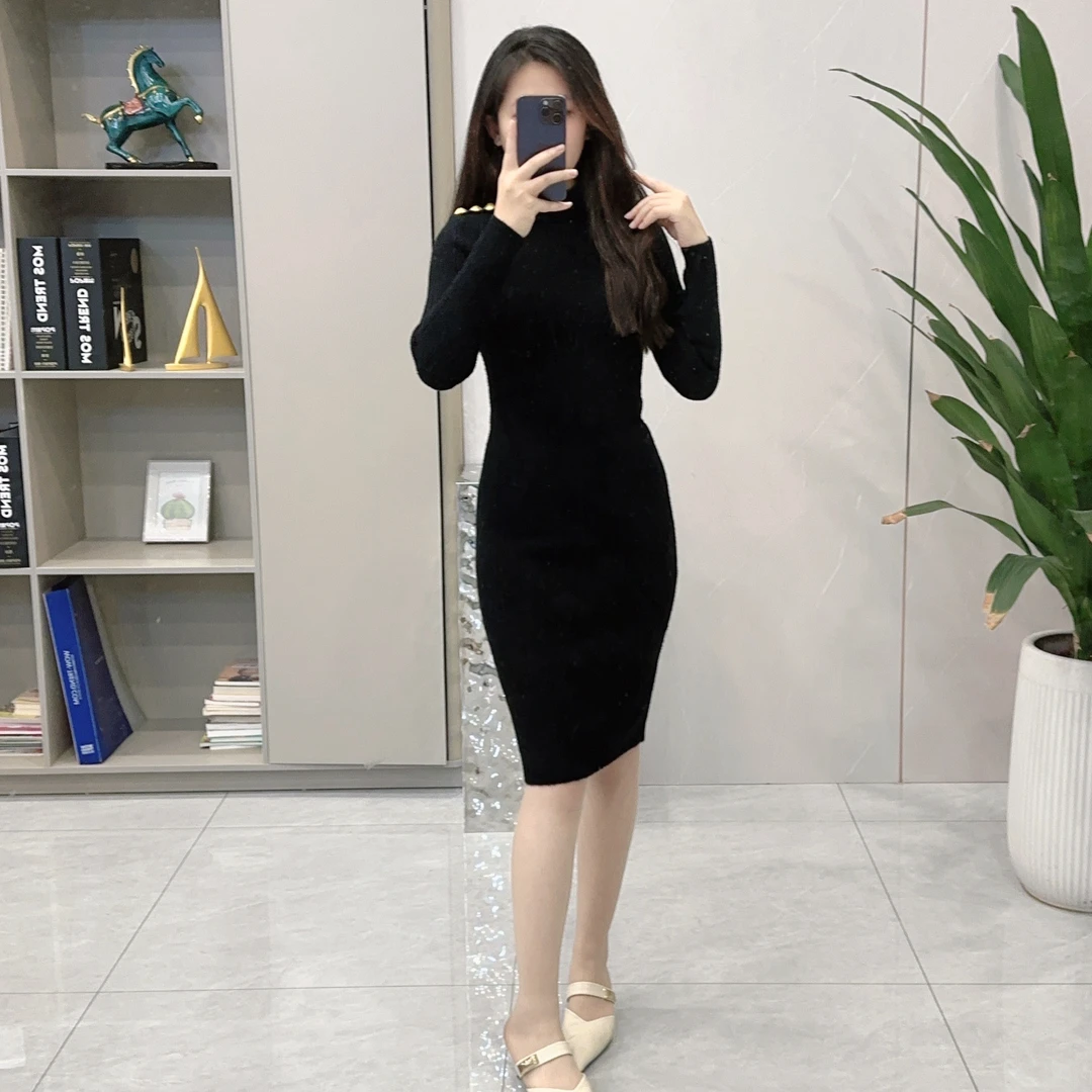 25521显瘦洋气复古轻奢时尚气质名媛针织百搭收腰修身旗袍连衣裙