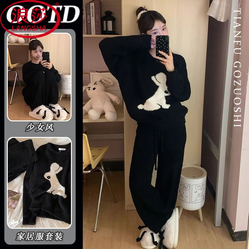 浪莎2025新款珊瑚绒睡衣女秋冬季加绒加厚半边绒舒适保暖家居服