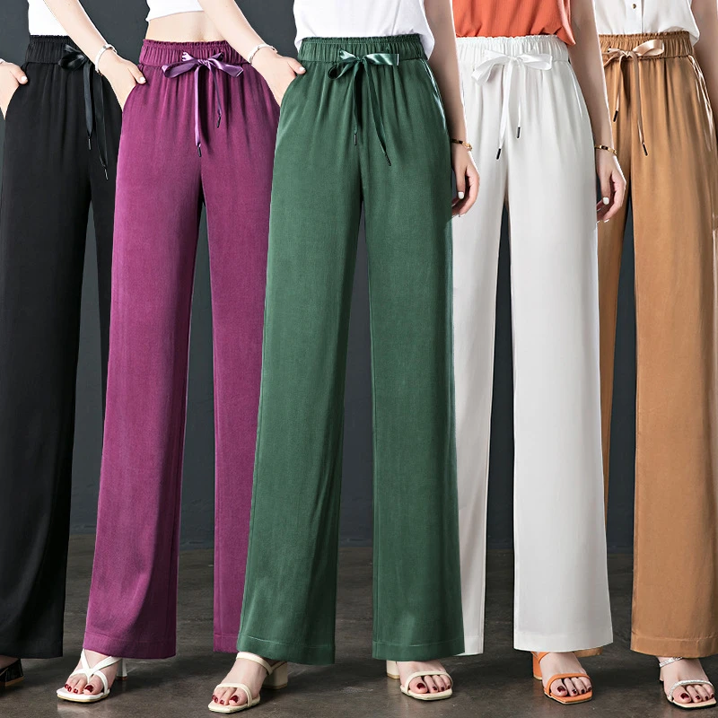 铜氨丝薄款休闲夏季长裤阔腿裤大码垂感口袋高腰休闲裤外穿春夏