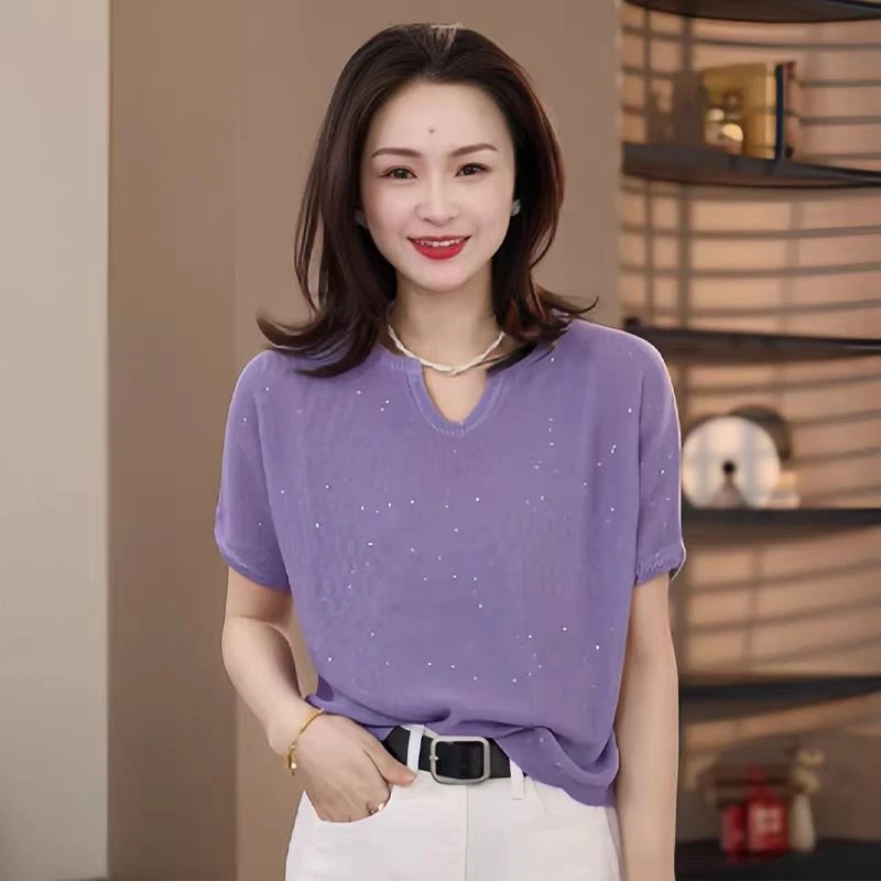 【赠运费补贴】和纸纱+珠片~高定版短袖剪刀领亮片夏季女针织衫331.