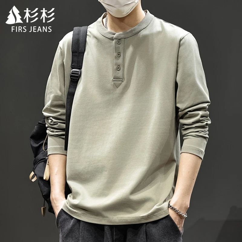 FIRS JEANS杉杉美式亨利领长袖T恤男款春秋款男士休闲纯棉上衣男