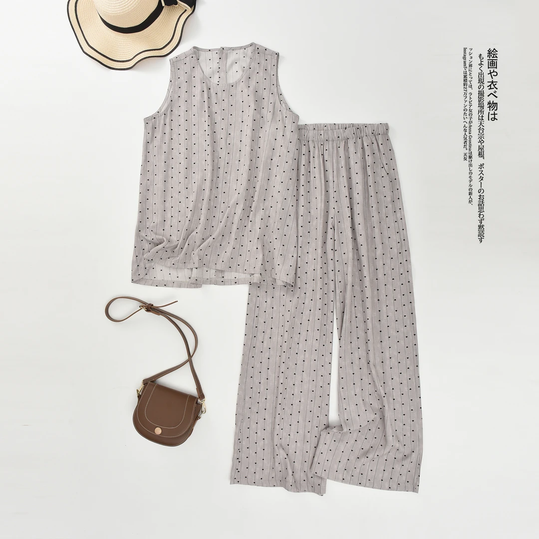 2025夏季新款绵绸无袖休闲裤套装时尚印花圆领宽松夏季穿搭