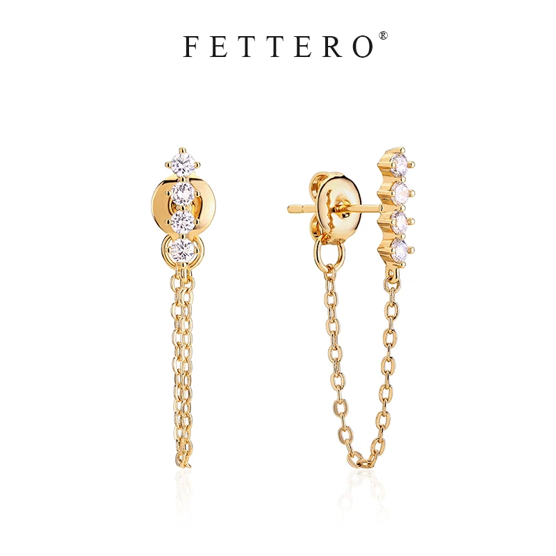 fettero 铜合金耳饰 【金色4颗钻链条耳钉】气质简约长款百搭