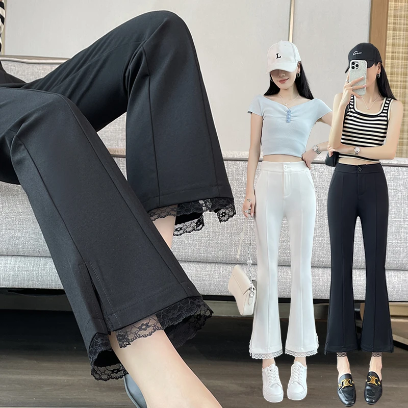 2025新款黑色西装微喇裤女修身显瘦小个子九分蕾丝开叉喇叭裤