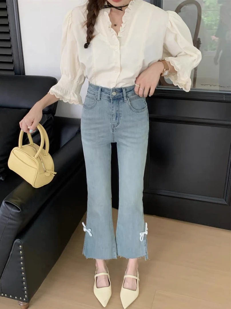 妮妮家66258高腰显瘦弹力蝴蝶结直筒微喇叭牛仔裤！