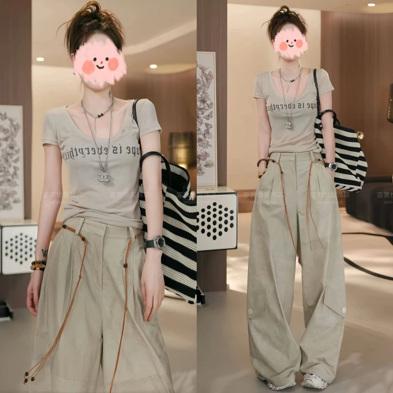 2025夏季新款时尚休闲洋气百搭印花短袖T恤+阔腿工装裤两件套套装