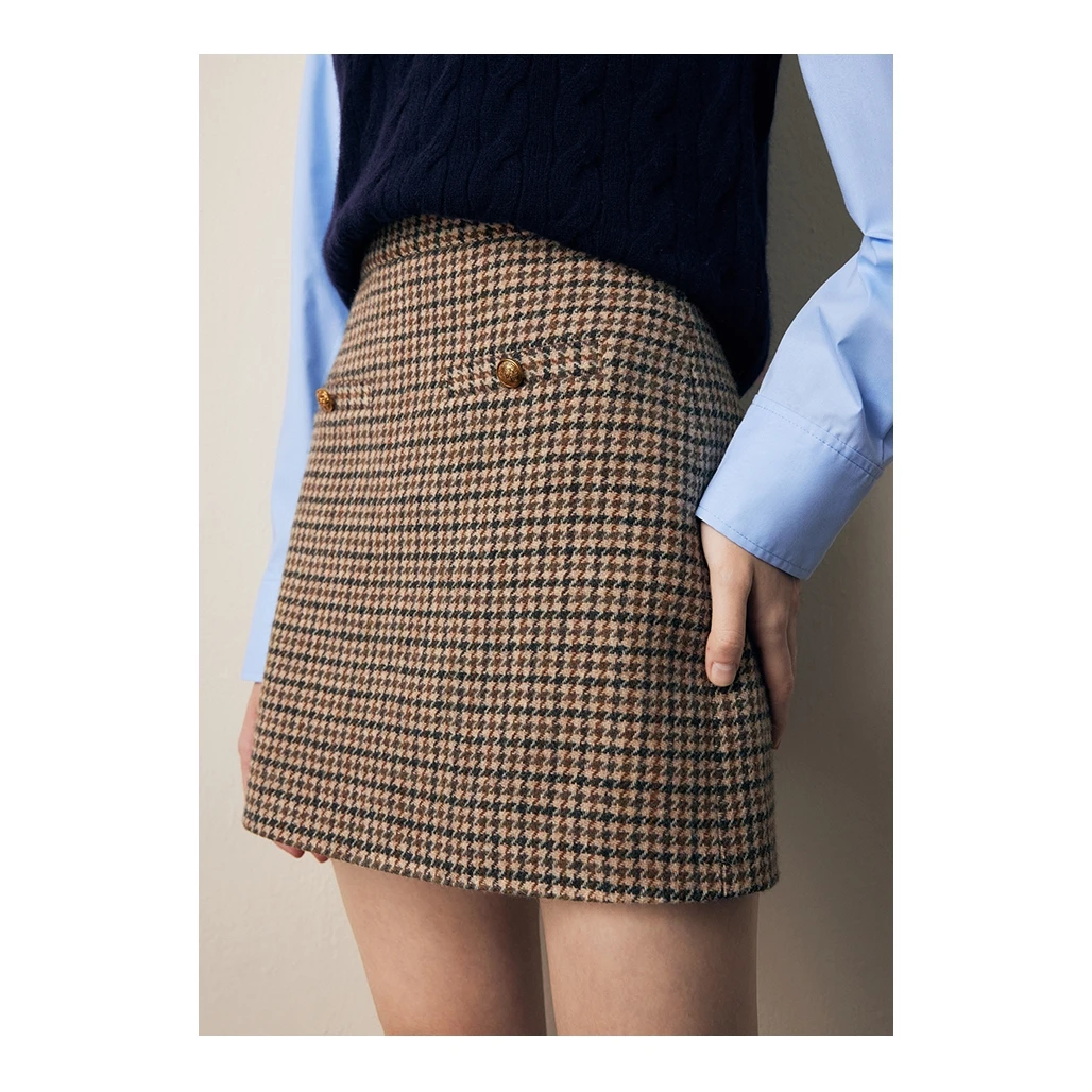 【达人专属】法曼萱格纹羊毛a字半身裙女小个子冬复古短裙
