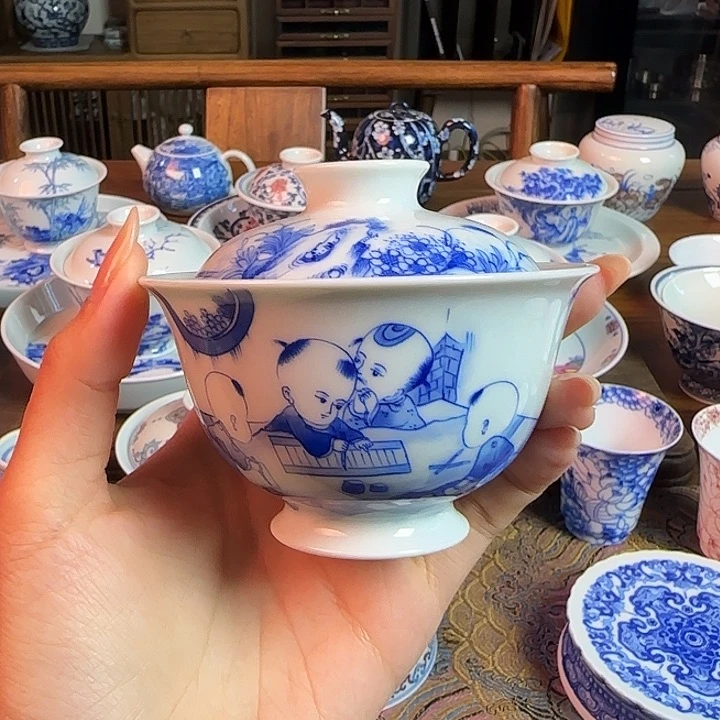 童子青花盖碗纯手绘