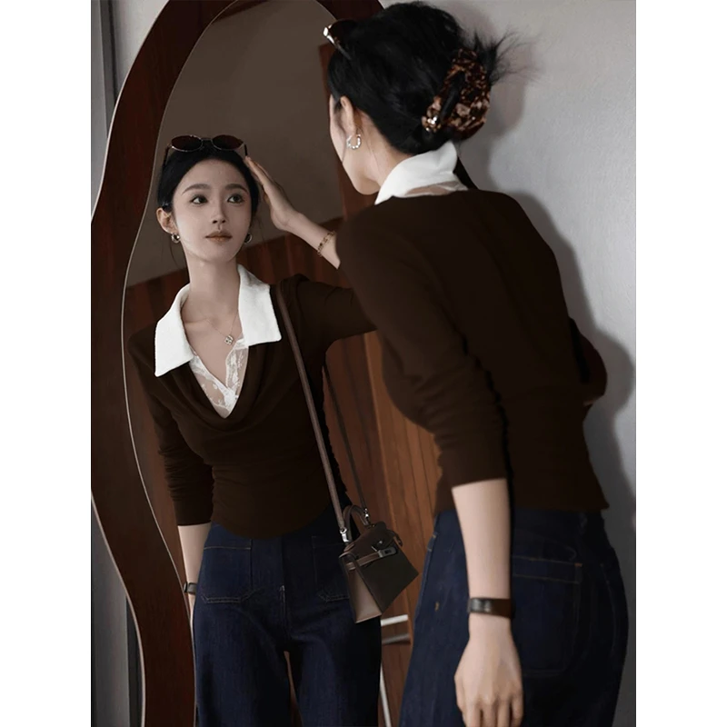 早秋复古辣妹蕾丝拼接翻领打底衫女设计感超好看咖色修身长袖上衣