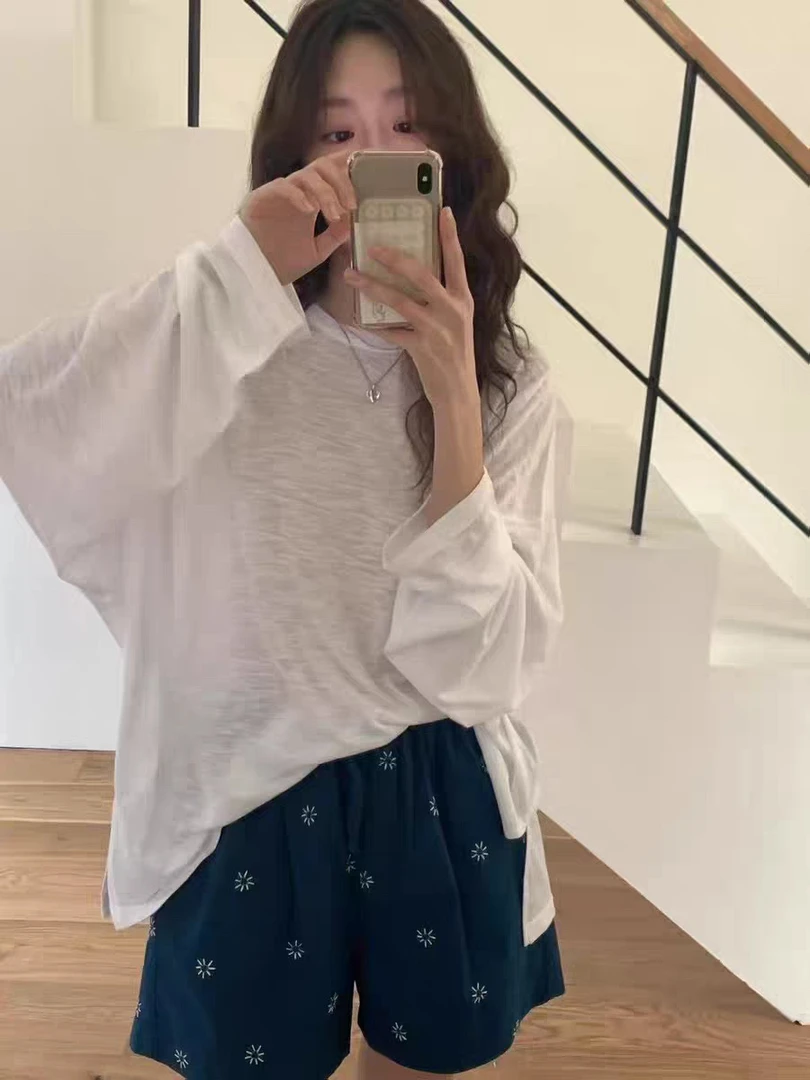 现货 2025夏季新款韩国东大门慵懒风纯色圆领长袖罩衫防晒t恤上