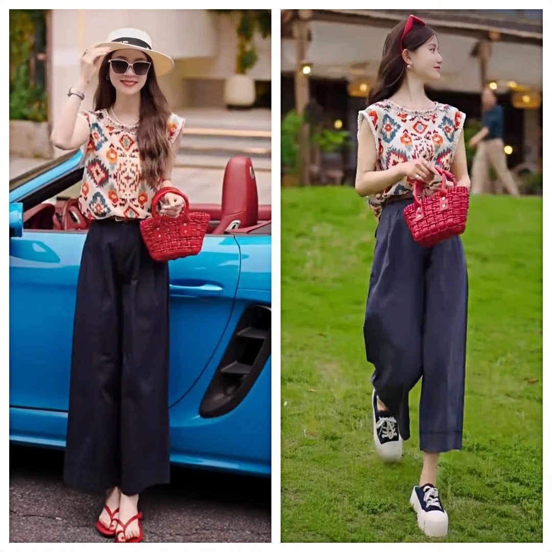 纯欲慵懒风女装2025新款夏季高级圆领宽松衬衫上衣+藏蓝色九分裤