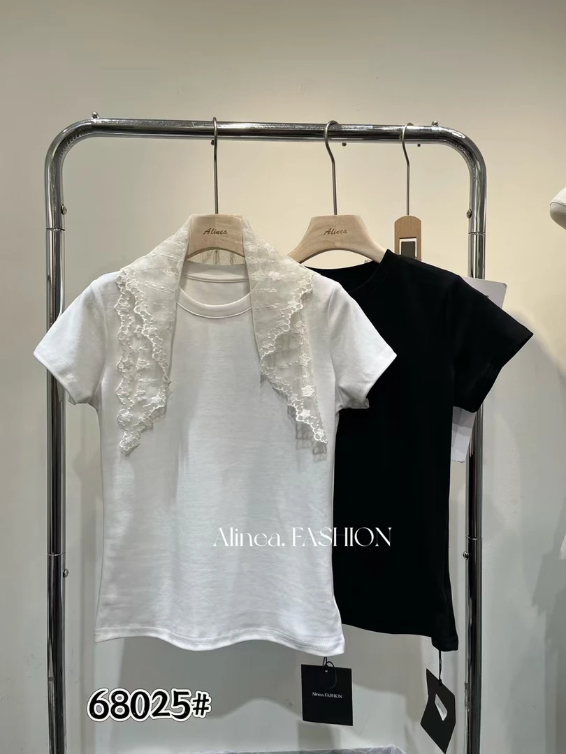 卡洛儿2024早秋半高领纯色短袖新款纯棉紧身显瘦百搭T恤8013#