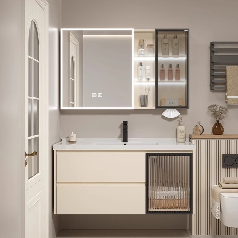 奶油简约蜂窝铝智能浴室柜组合卫生间一体陶瓷洗手盆洗脸盆洗漱台