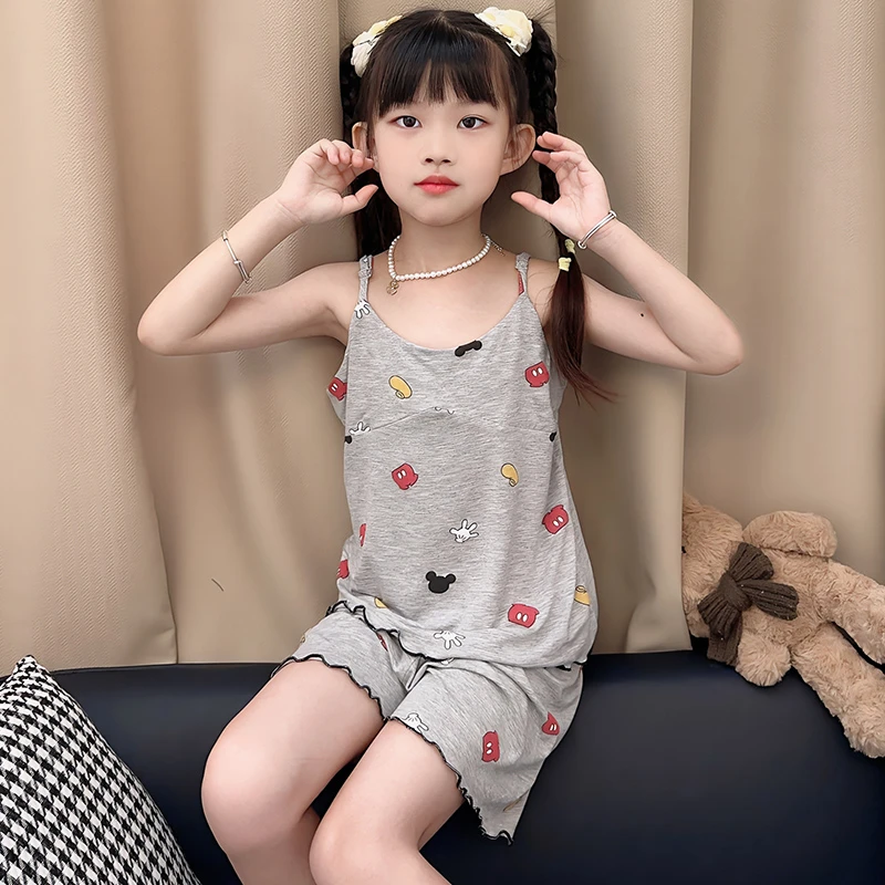 莫代尔儿童睡衣女童夏季卡通可爱中大童小女孩吊带背心家居服套装