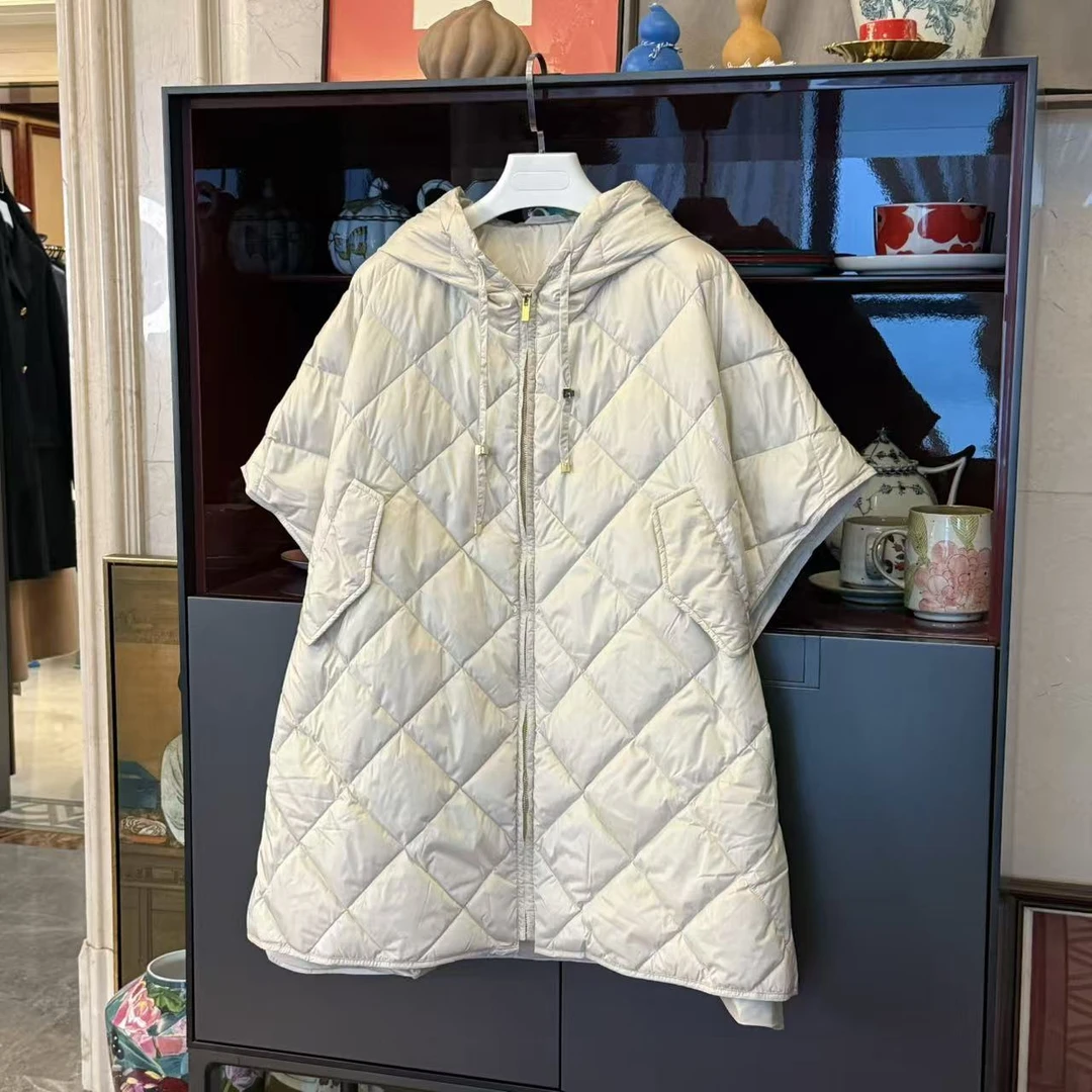 MYL 2025秋冬新款锦纶鹅绒羽绒服格纹连帽斗篷款短袖中长款羽绒服