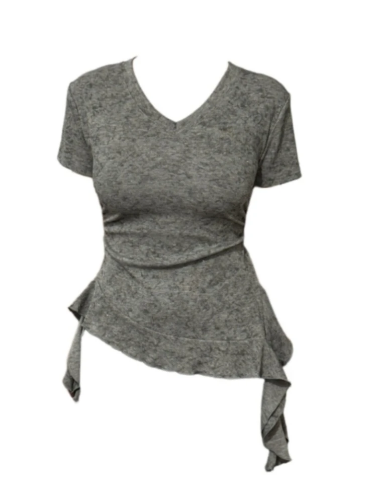 【Amy家】美式辣妹v领正肩短袖T恤女夏季设计感不规则扎染显瘦上衣