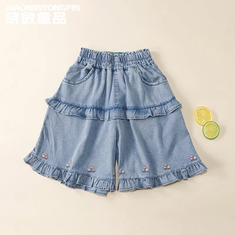 2025年款衣服儿童绣花裤脚花边牛仔裤3C4245夏季薄款女童