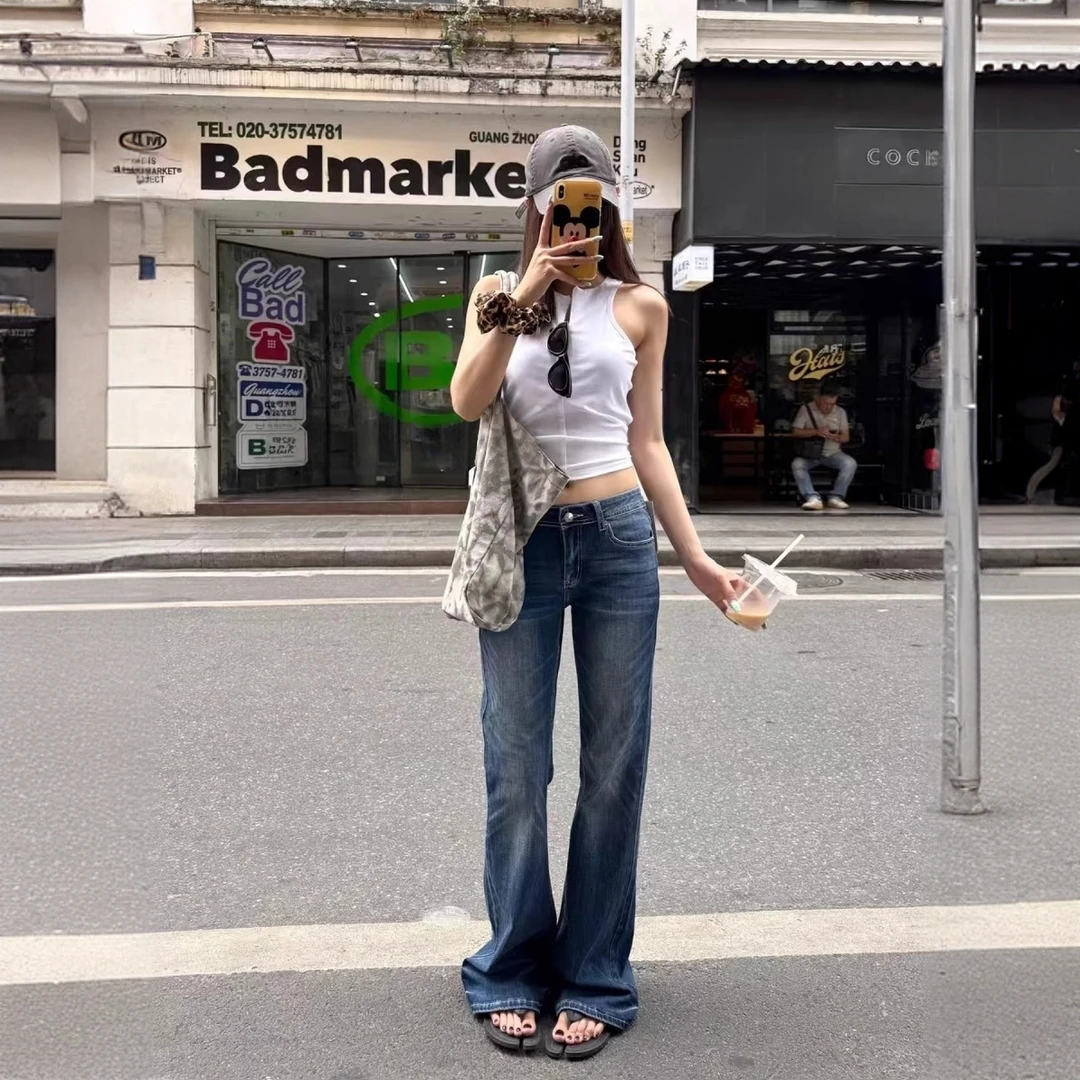 韩国东大门2025夏季新款美式复古水洗辣妹低腰显瘦微喇叭牛仔裤女