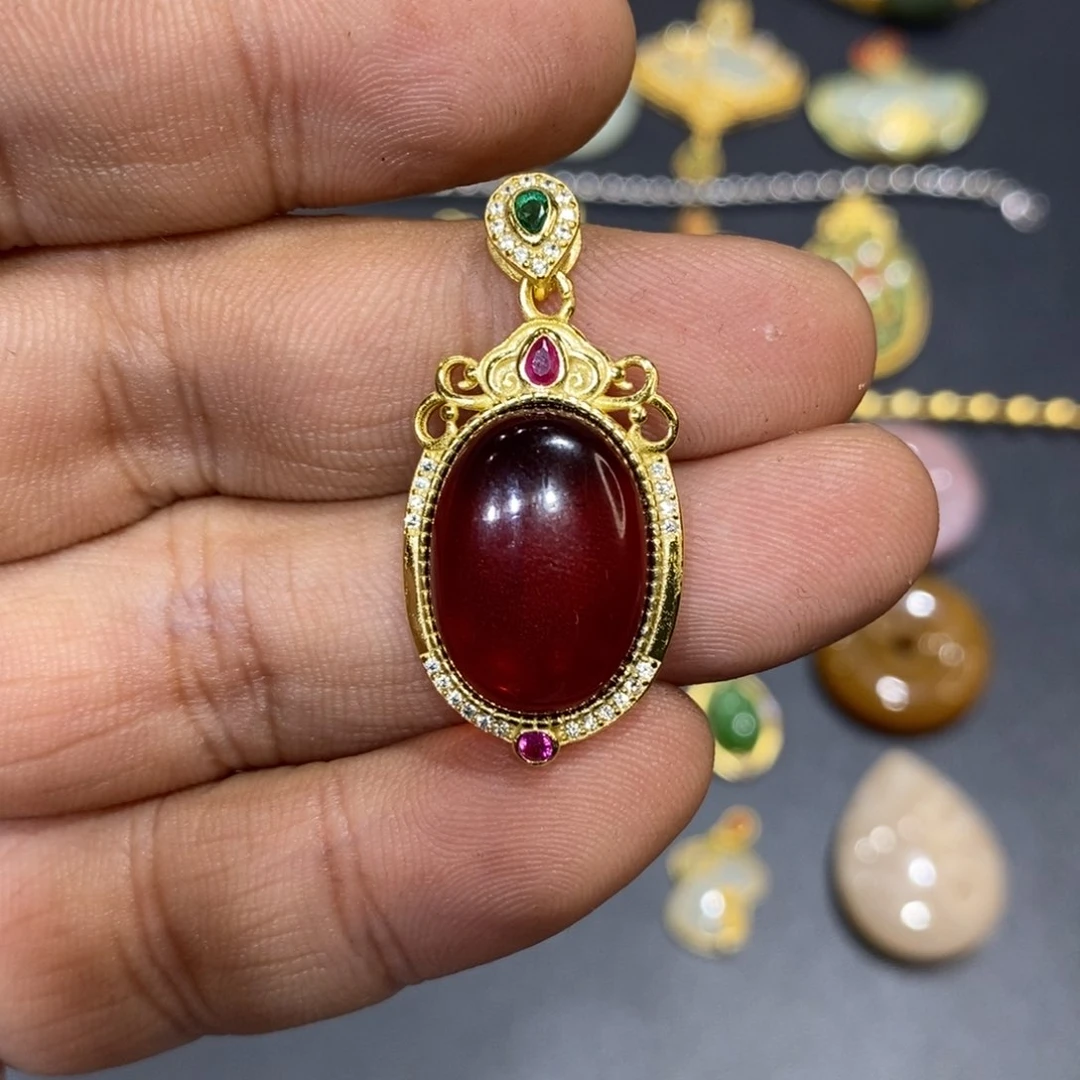 蜜蜡颈饰银S925镀金镶嵌