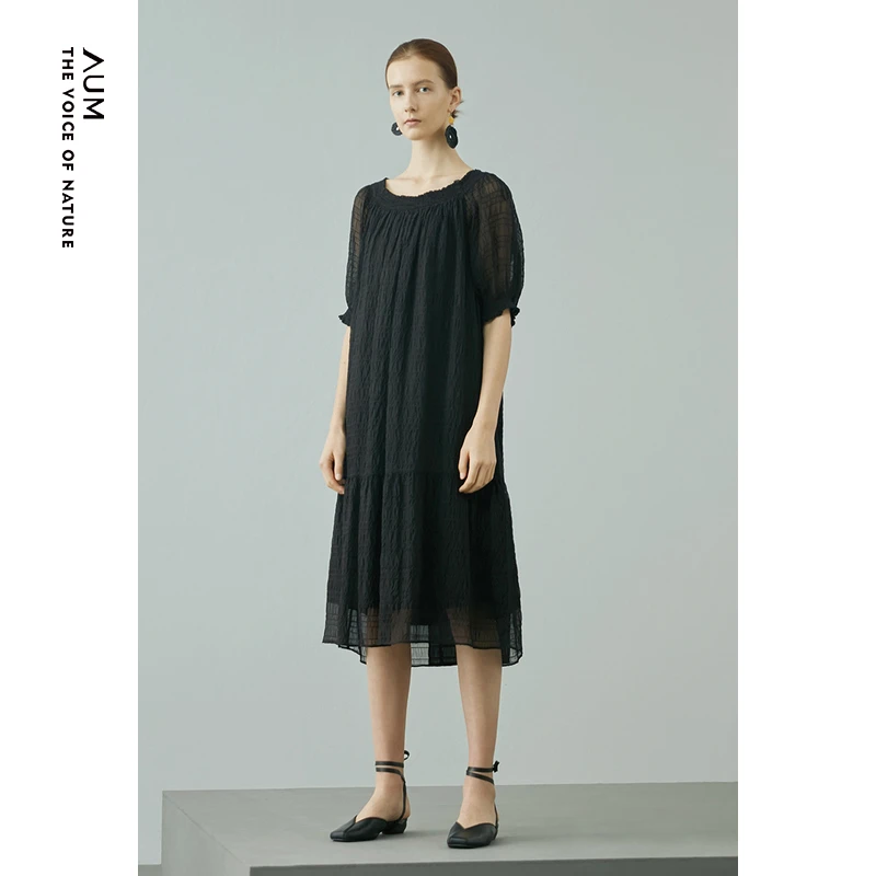 AUM/噢姆-黑巧恋人夏气质桑蚕丝长裙宽松连衣裙MADE20216