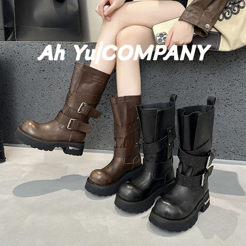 大头马丁靴女2025秋新款复古毒液靴骑士靴粗跟厚底中筒辣妹机车靴