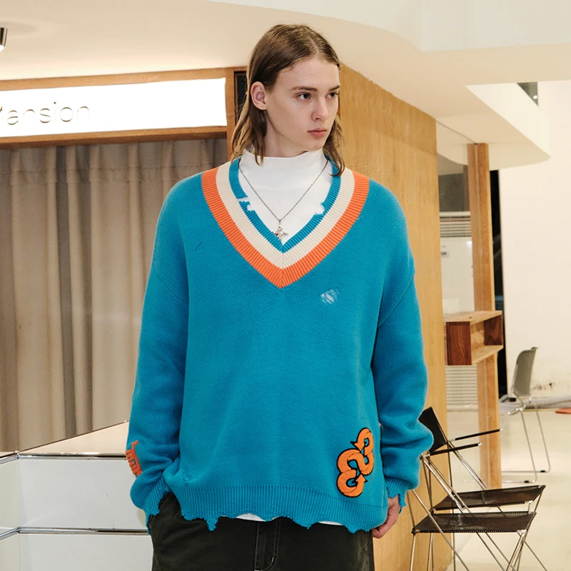 【直播专享】33潮牌秋季长袖针织衫宽松学院风百搭休闲V领针织衫