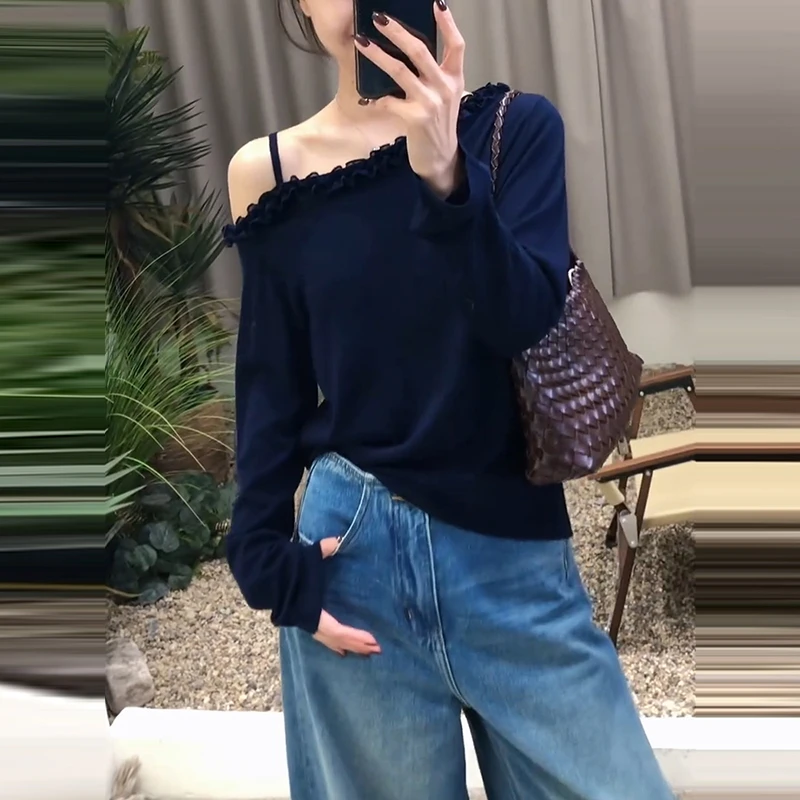 女生韩系ins衣服木耳边斜肩细肩带长袖上衣女早秋新款设计感T恤