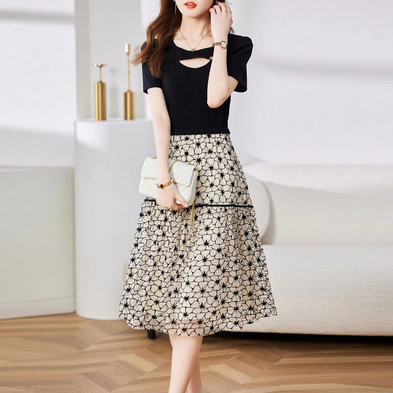 假两件网纱连衣裙女2024夏季新款气质拼接短袖韩版洋气显瘦裙子