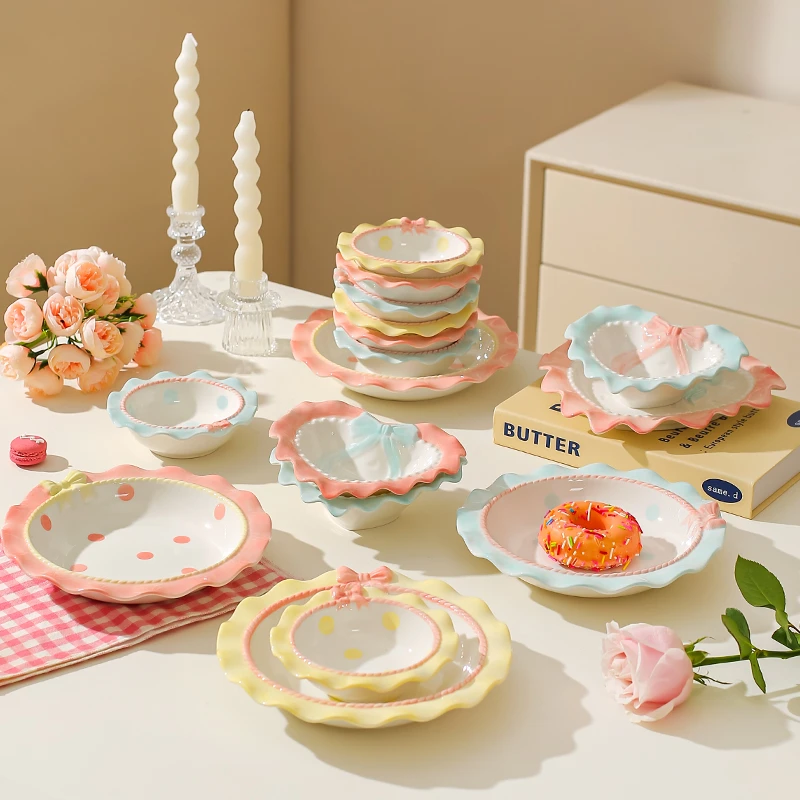 川岛屋蝴蝶结餐具陶瓷酸奶碗家用好看的漂亮盘子早餐甜品水果餐盘